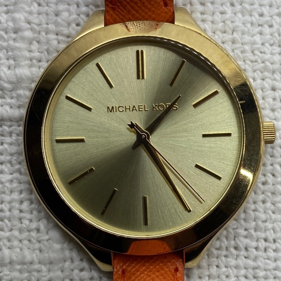 Michael Kors MK2275 Slim Runway Gold-tone Orange Leather Strap Women's Watch - Picture 2 of 12